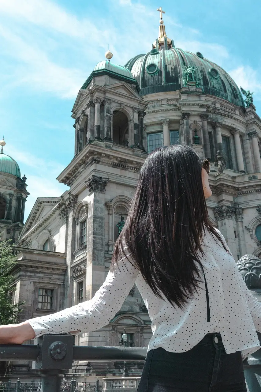 woman, model, nature, church, cathedral, dome, berlin, germany, gold, summer, fashion, fashionable, spree, river, travel, architecture, construction, capital, europe